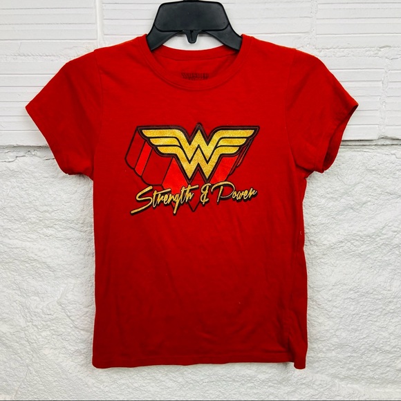 WONDER WOMEN red sparkly W golden strength and power girls shirt size XL - Picture 1 of 6